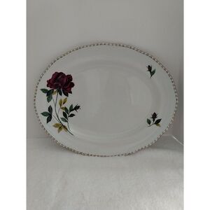 Wood & Sons England Alpine White Ironstone Oval‎ Platter Burgundy Red Rose 12"